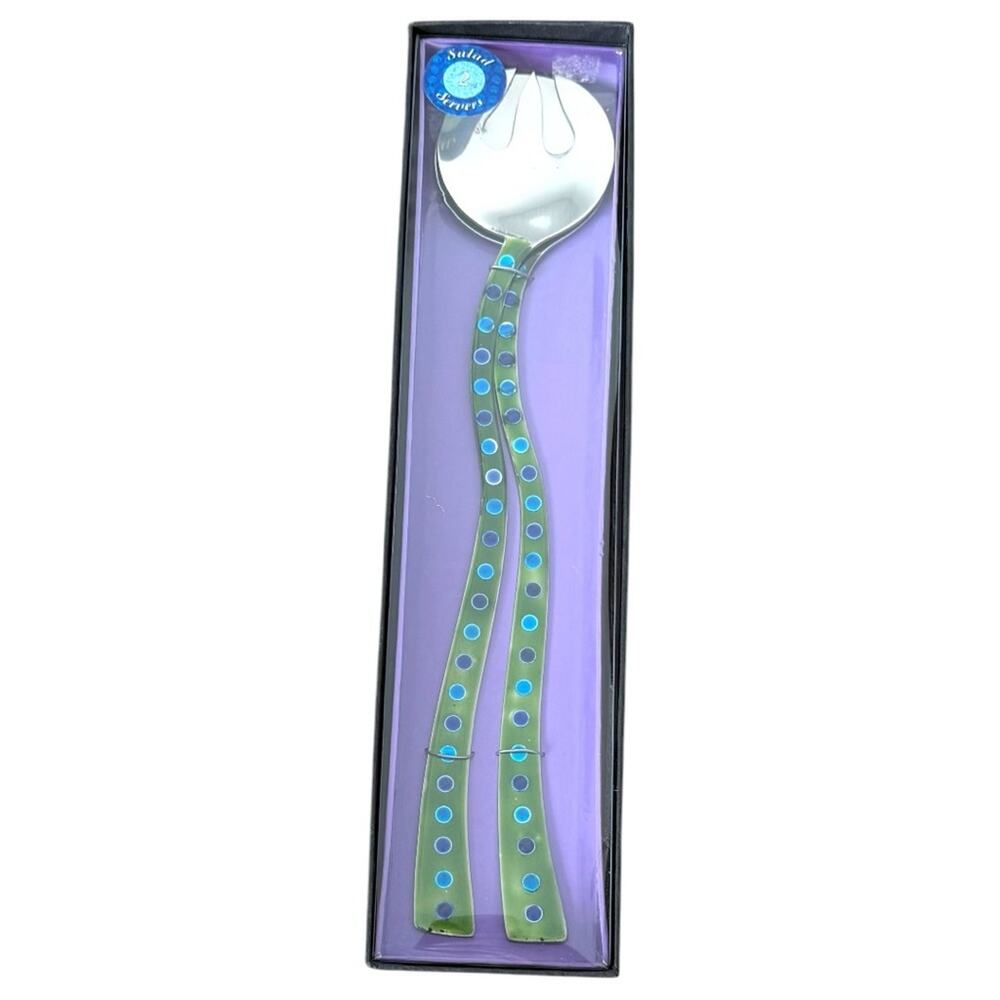 Y2K Green Blue Enamel Salad Servers 13.5in Retro Kitchen Decor Wild Eye Designs